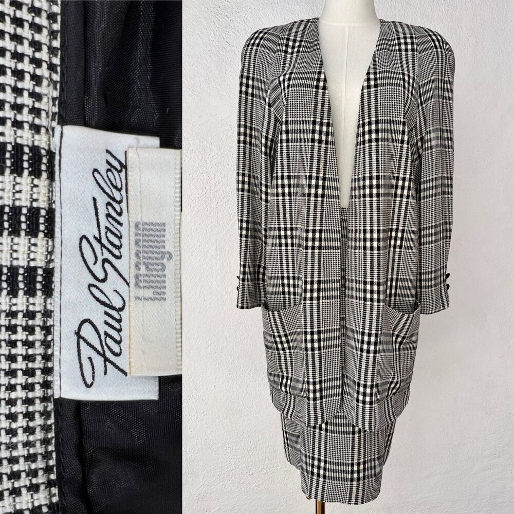VTG 80s Paul Stanley I. Magnin 2-Piece Skirt Set Black Cream Glen Plaid Size 6-8